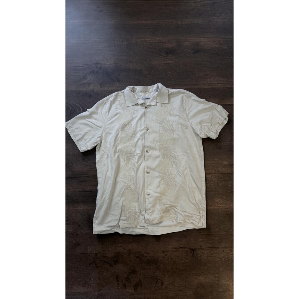 Tommy Bahama Mens Large Silk Embroidered Tropical Palm Camp Shirt Cream ST326424